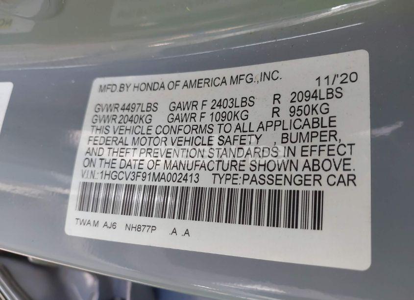 Photo 9 of 2021 Honda Accord HYBRID TOURING (VIN 1HGCV3F91MA002413)