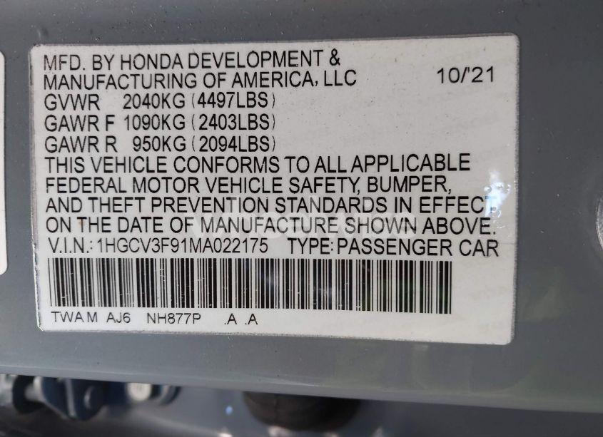 Photo 9 of 2021 Honda Accord HYBRID TOURING (VIN 1HGCV3F91MA022175)