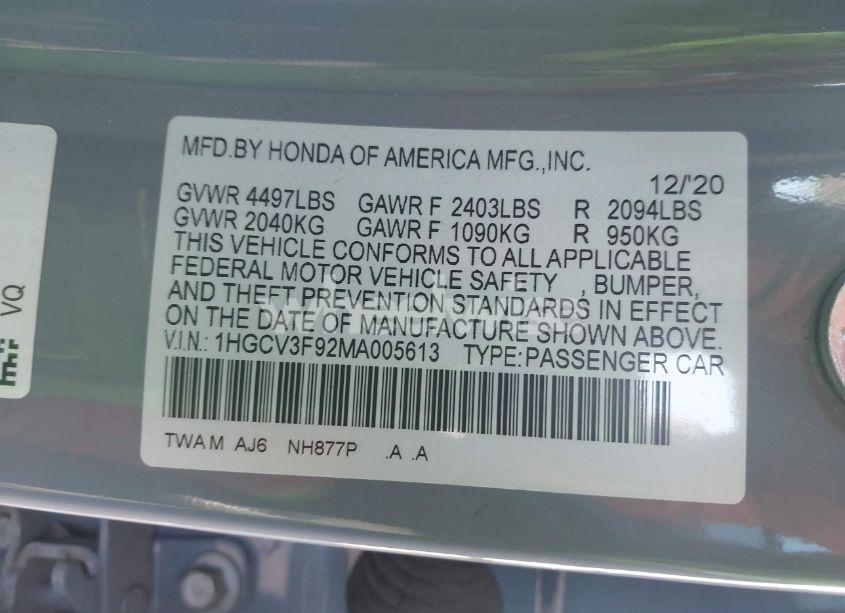 Photo 9 of 2021 Honda Accord HYBRID TOURING (VIN 1HGCV3F92MA005613)