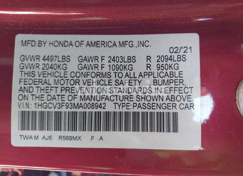 Photo 9 of 2021 Honda Accord HYBRID TOURING (VIN 1HGCV3F93MA008942)