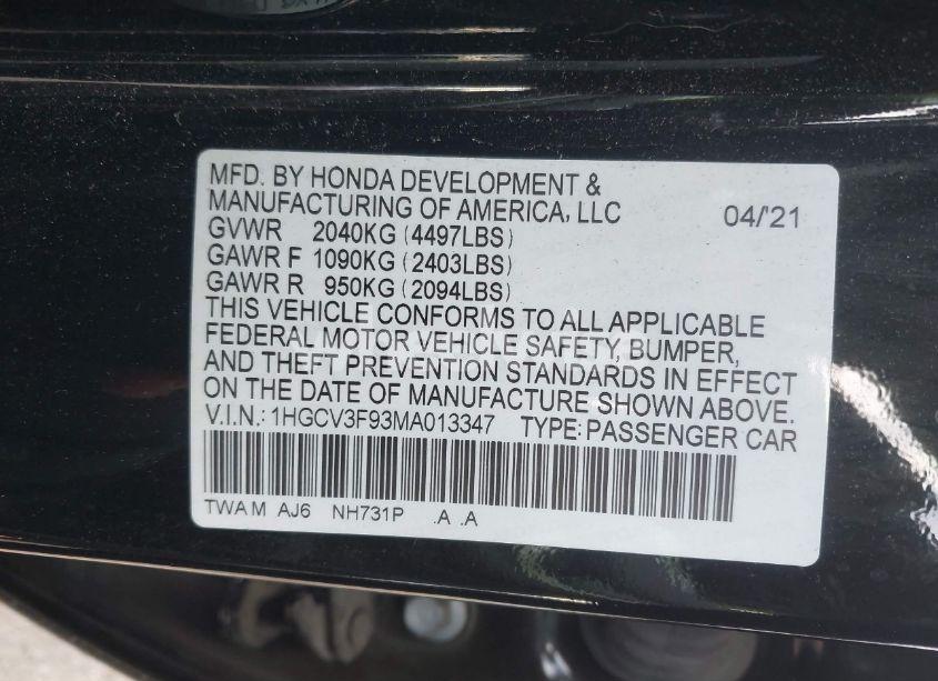 Photo 9 of 2021 Honda Accord HYBRID TOURING (VIN 1HGCV3F93MA013347)