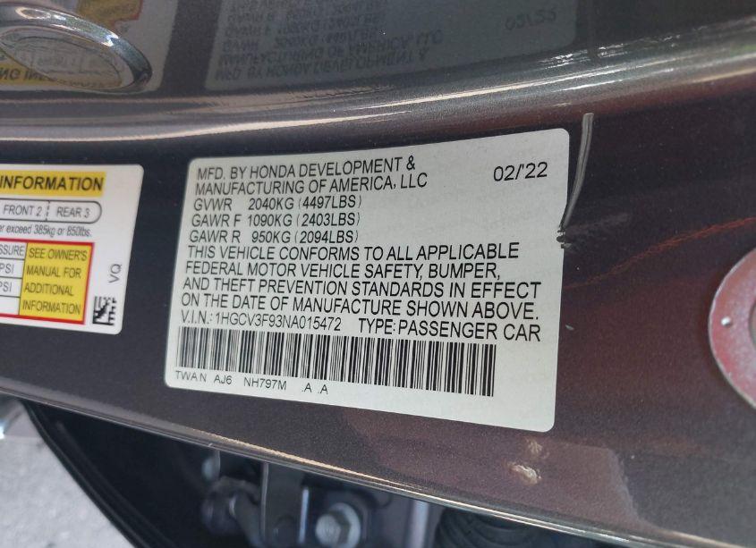 Photo 9 of 2022 Honda Accord HYBRID TOURING (VIN 1HGCV3F93NA015472)