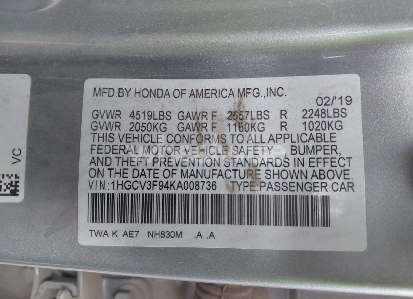 Photo 9 of 2019 Honda Accord HYBRID TOURING (VIN 1HGCV3F94KA008736)