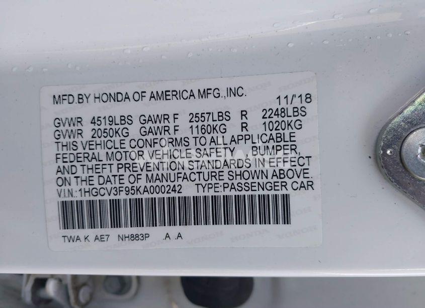 Photo 9 of 2019 Honda Accord HYBRID TOURING (VIN 1HGCV3F95KA000242)