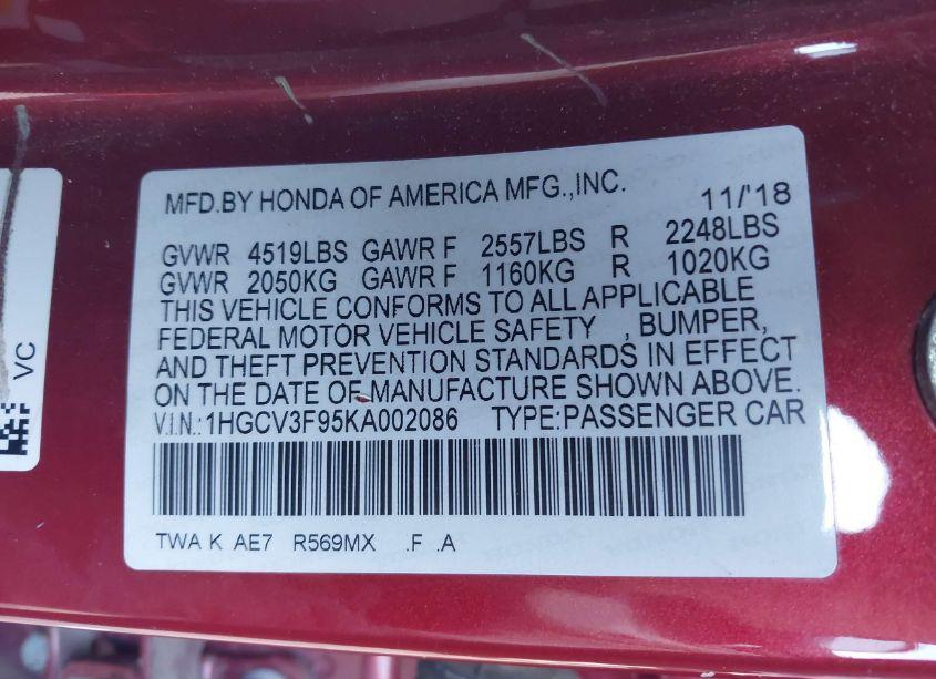 Photo 9 of 2019 Honda Accord HYBRID TOURING (VIN 1HGCV3F95KA002086)