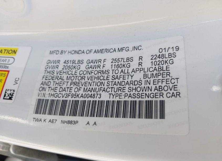 Photo 9 of 2019 Honda Accord HYBRID TOURING (VIN 1HGCV3F95KA004873)