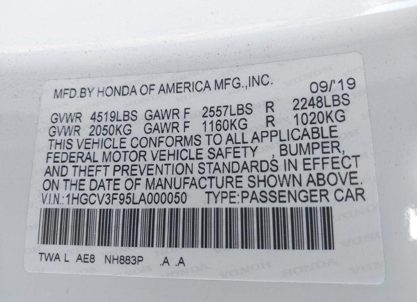 Photo 9 of 2020 Honda Accord HYBRID TOURING (VIN 1HGCV3F95LA000050)