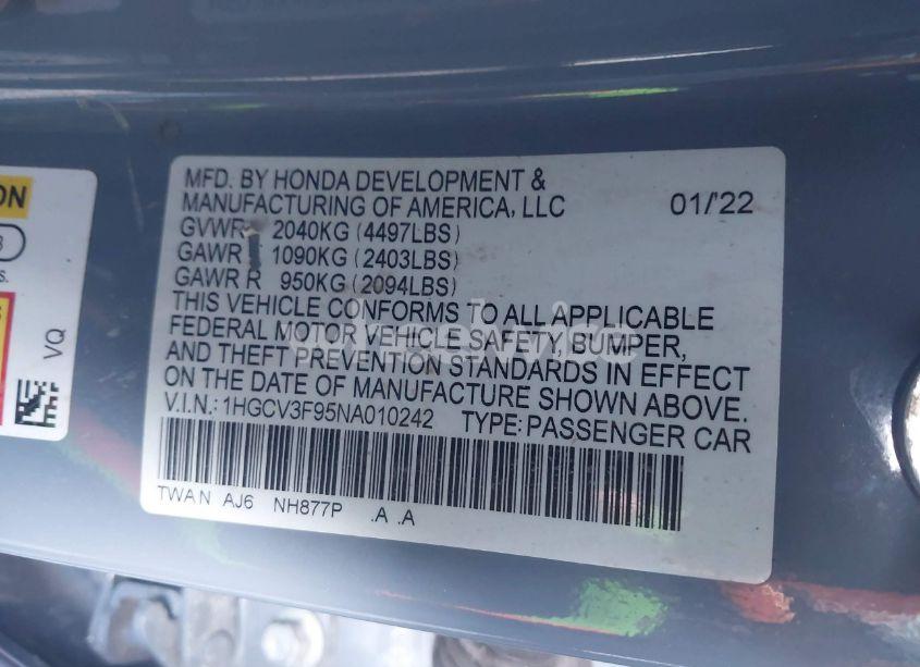 Photo 9 of 2022 Honda Accord HYBRID TOURING (VIN 1HGCV3F95NA010242)
