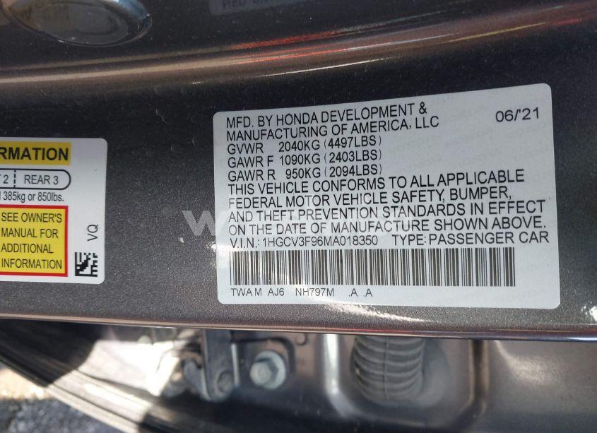 Photo 9 of 2021 Honda Accord HYBRID TOURING (VIN 1HGCV3F96MA018350)