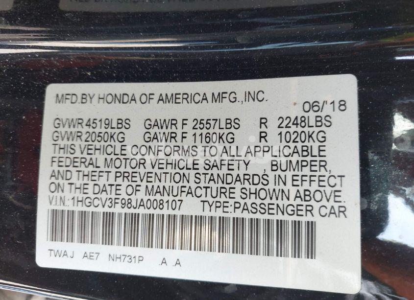 Photo 9 of 2018 Honda Accord HYBRID TOURING (VIN 1HGCV3F98JA008107)