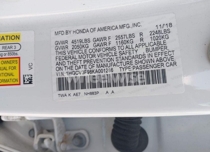 Photo 9 of 2019 Honda Accord HYBRID TOURING (VIN 1HGCV3F98KA001286)