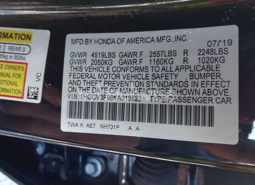 Photo 9 of 2019 Honda Accord HYBRID TOURING (VIN 1HGCV3F98KA019822)