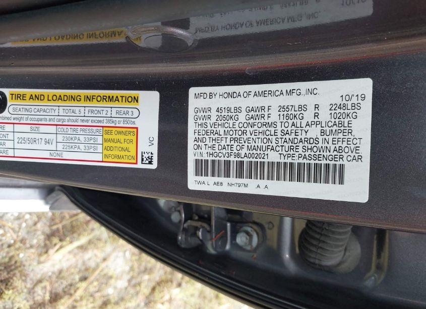 Photo 9 of 2020 Honda Accord HYBRID TOURING (VIN 1HGCV3F98LA002021)