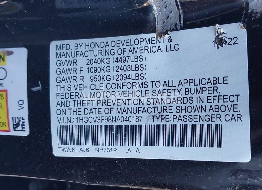 Photo 9 of 2022 Honda Accord HYBRID TOURING (VIN 1HGCV3F98NA040187)