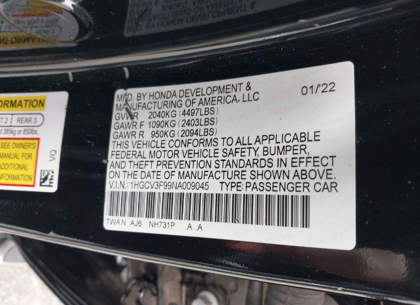 Photo 9 of 2022 Honda Accord HYBRID TOURING (VIN 1HGCV3F99NA009045)