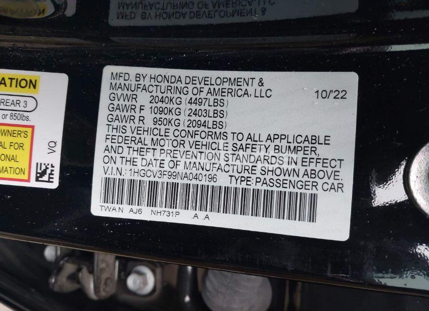 Photo 9 of 2022 Honda Accord HYBRID TOURING (VIN 1HGCV3F99NA040196)