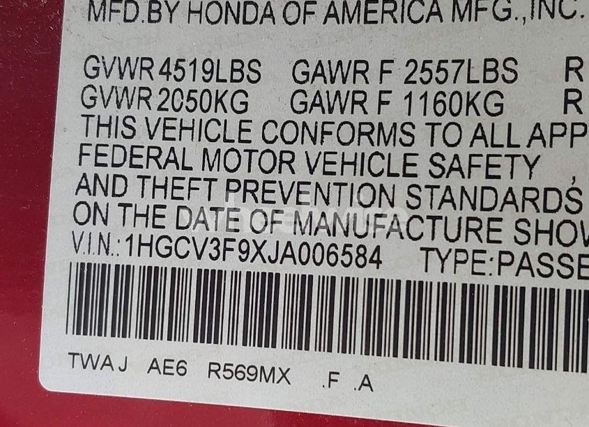 Photo 9 of 2018 Honda Accord HYBRID TOURING (VIN 1HGCV3F9XJA006584)