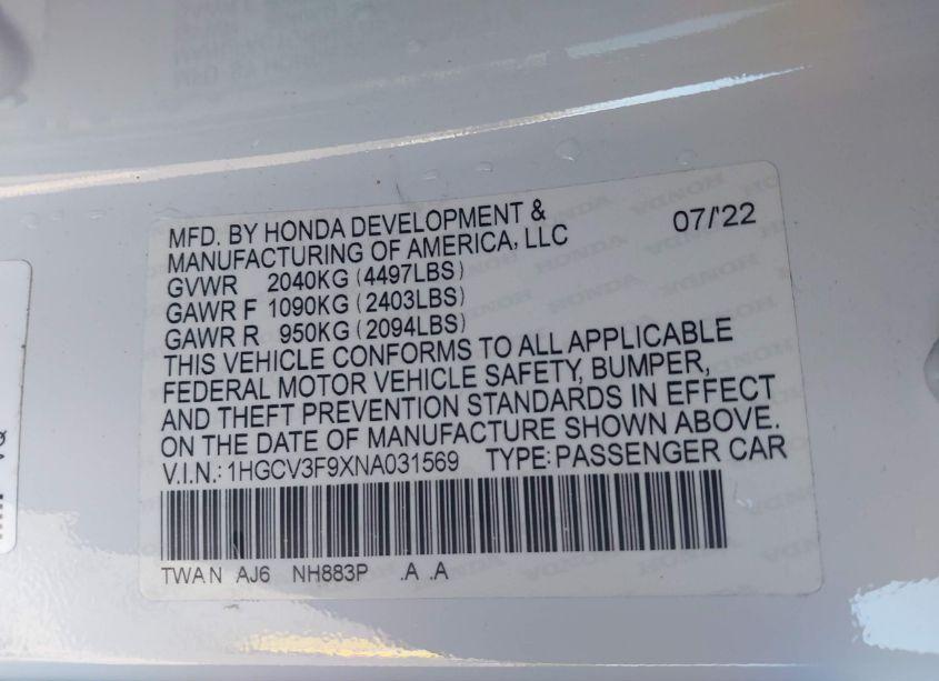 Photo 9 of 2022 Honda Accord HYBRID TOURING (VIN 1HGCV3F9XNA031569)