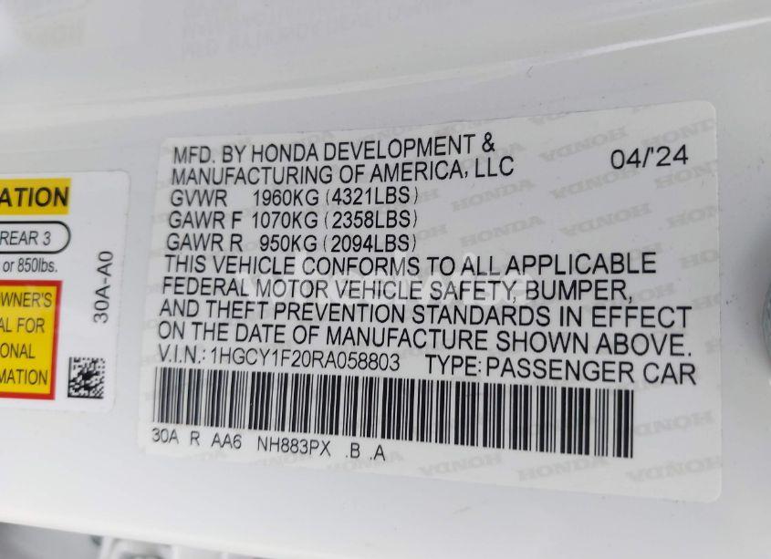 Photo 9 of 2024 Honda Accord LX (VIN 1HGCY1F20RA058803)