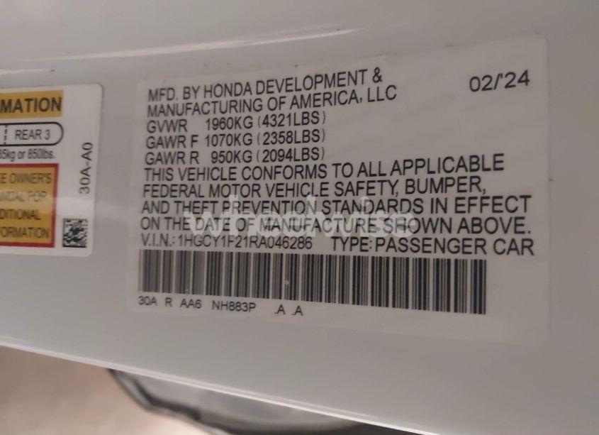 Photo 9 of 2024 Honda Accord LX (VIN 1HGCY1F21RA046286)