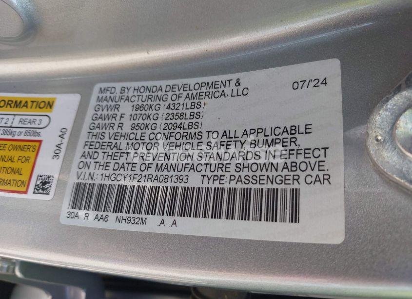 Photo 9 of 2024 Honda Accord LX (VIN 1HGCY1F21RA081393)