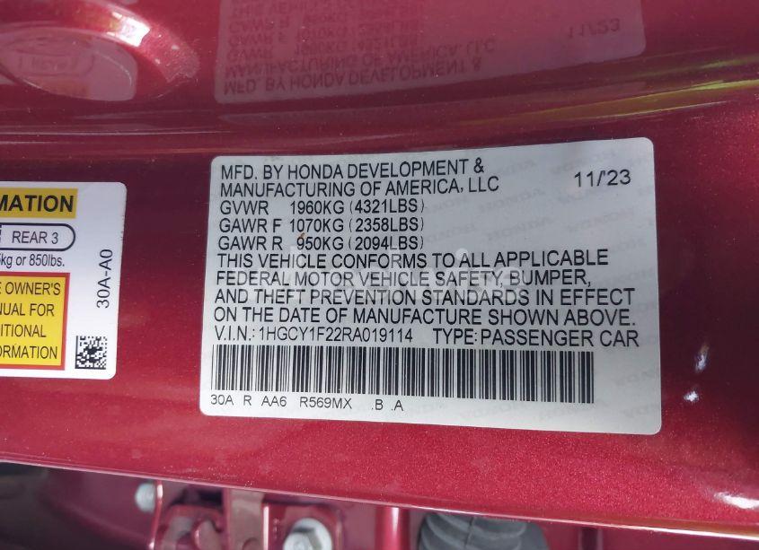 Photo 9 of 2024 Honda Accord LX (VIN 1HGCY1F22RA019114)