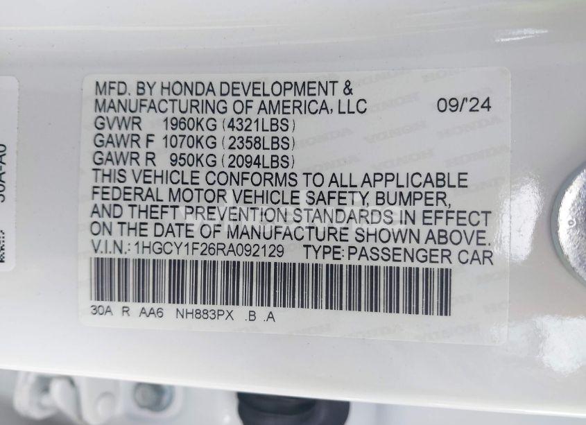 Photo 9 of 2024 Honda Accord LX (VIN 1HGCY1F26RA092129)
