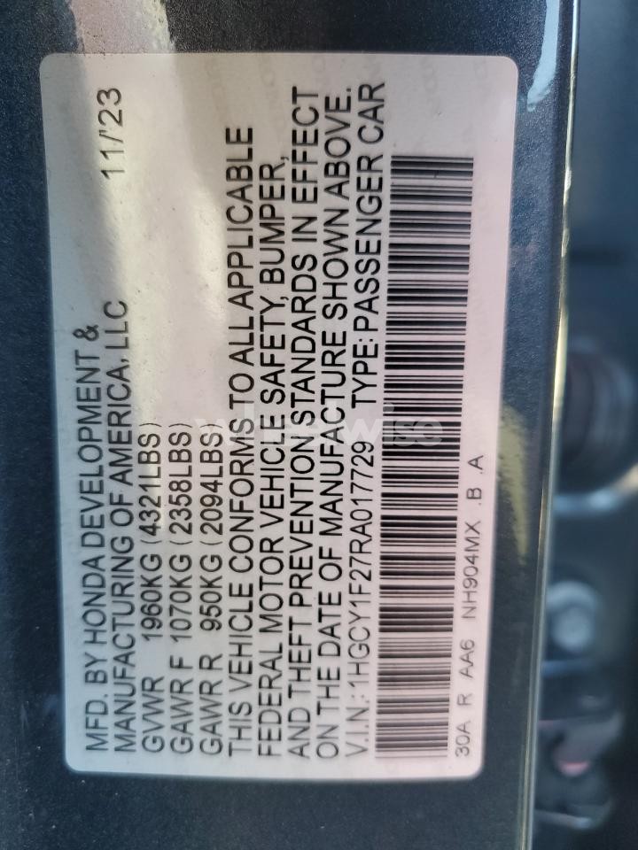 Photo 12 of 2024 HONDA ACCORD LX (VIN 1HGCY1F27RA017729)