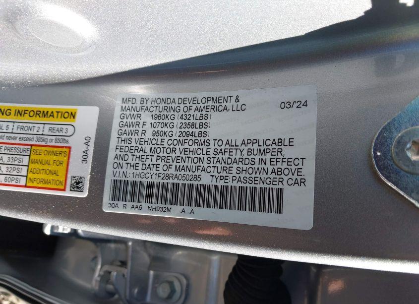 Photo 9 of 2024 Honda Accord LX (VIN 1HGCY1F28RA050285)