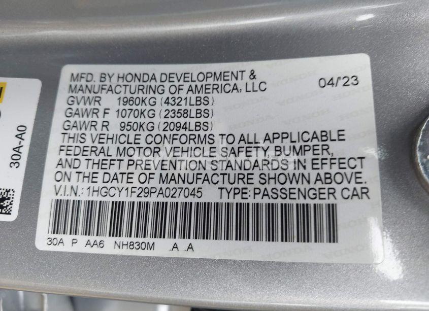 Photo 9 of 2023 Honda Accord LX (VIN 1HGCY1F29PA027045)