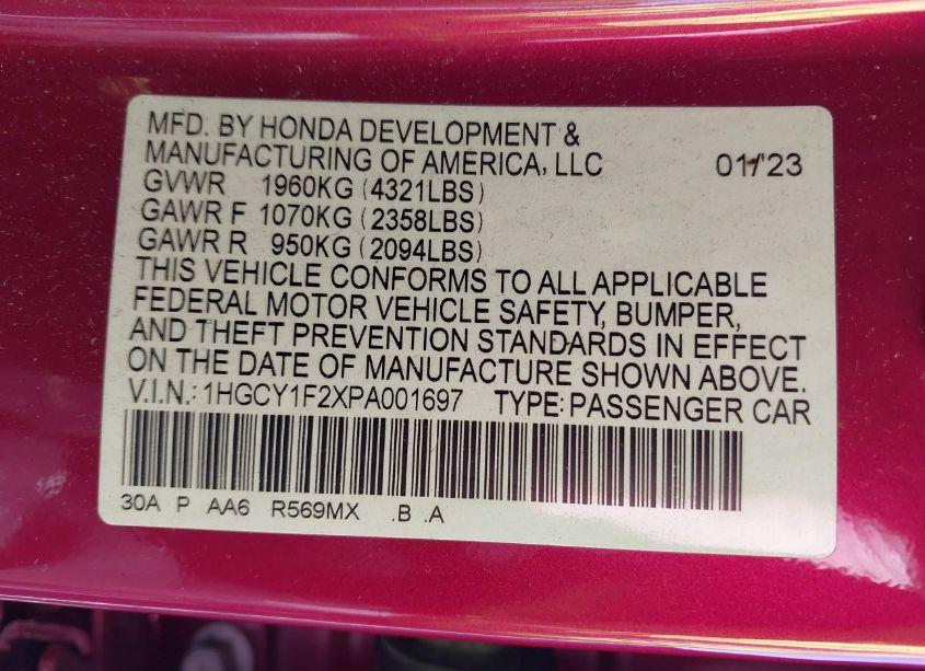 Photo 9 of 2023 Honda Accord LX (VIN 1HGCY1F2XPA001697)