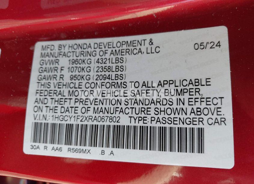 Photo 9 of 2024 Honda Accord LX (VIN 1HGCY1F2XRA067802)