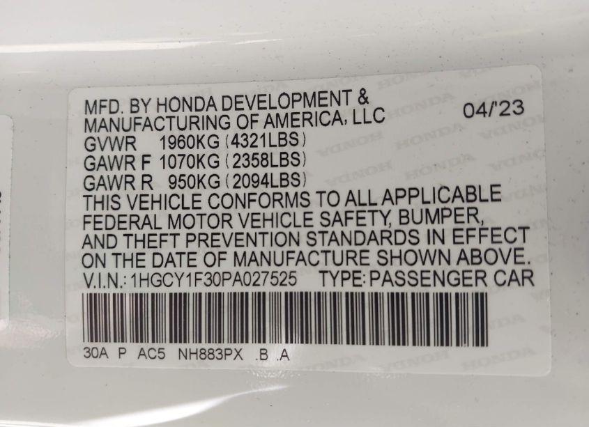 Photo 9 of 2023 Honda Accord EX (VIN 1HGCY1F30PA027525)