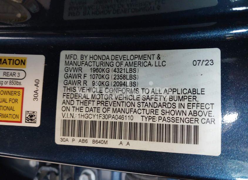 Photo 9 of 2023 Honda Accord EX (VIN 1HGCY1F30PA046110)