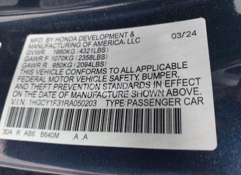 Photo 9 of 2024 Honda Accord EX (VIN 1HGCY1F31RA050203)