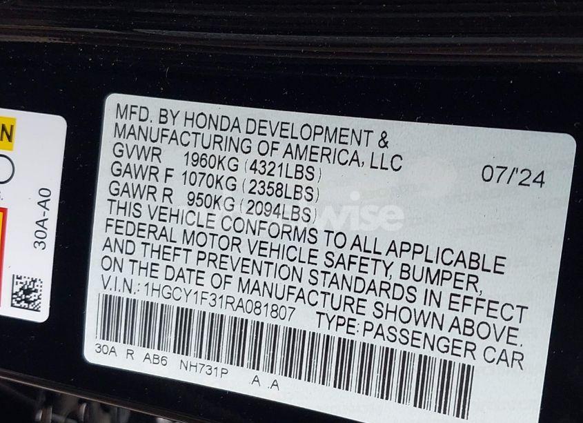Photo 9 of 2024 Honda Accord EX (VIN 1HGCY1F31RA081807)