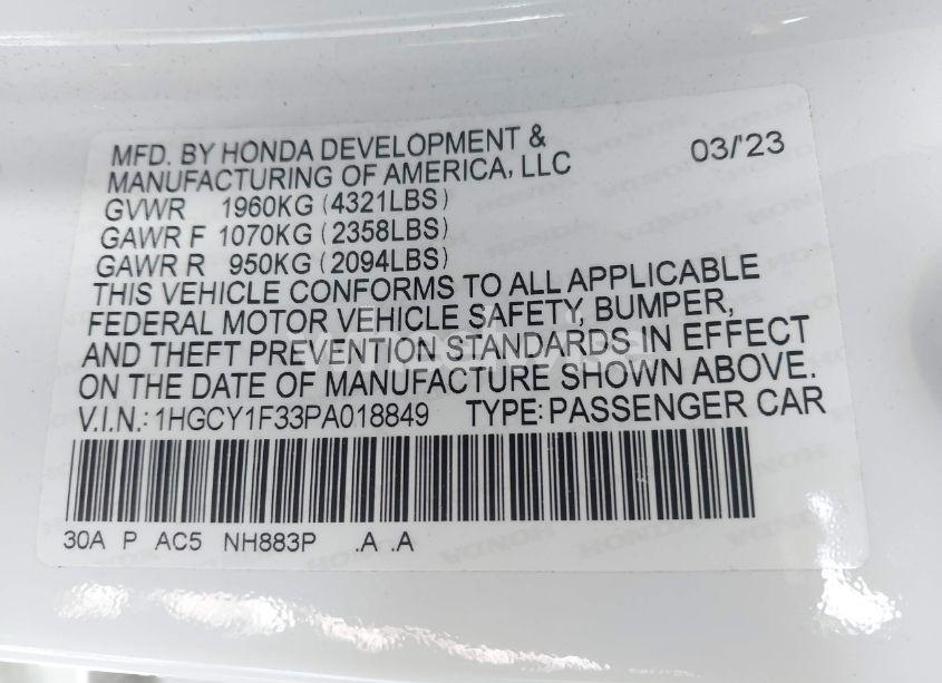 Photo 9 of 2023 Honda Accord EX (VIN 1HGCY1F33PA018849)