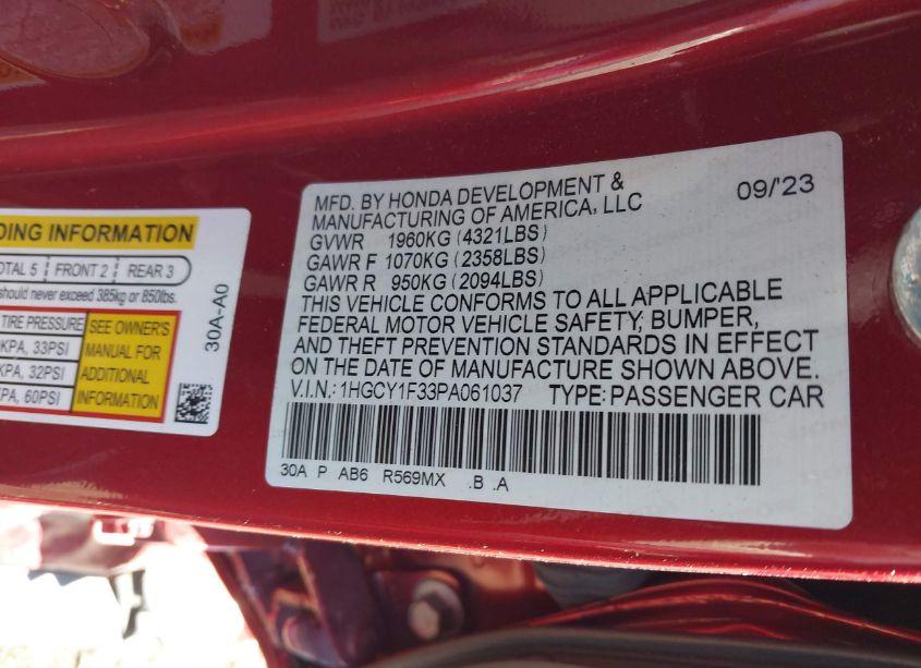 Photo 9 of 2023 Honda Accord EX (VIN 1HGCY1F33PA061037)