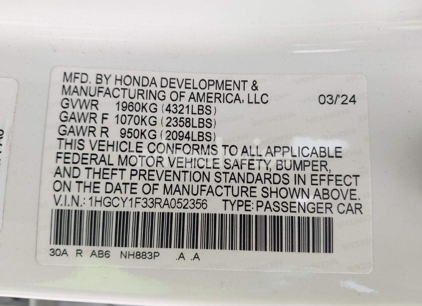 Photo 9 of 2024 Honda Accord EX (VIN 1HGCY1F33RA052356)