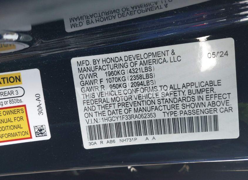 Photo 9 of 2024 Honda Accord EX (VIN 1HGCY1F33RA062353)