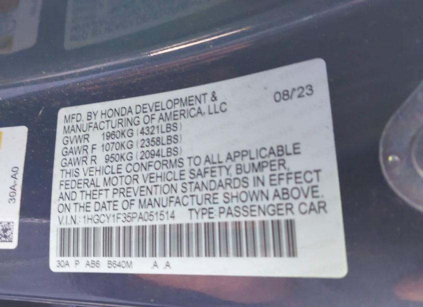 Photo 9 of 2023 Honda Accord EX (VIN 1HGCY1F35PA051514)