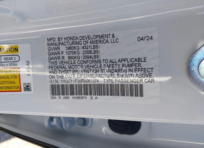 Photo 9 of 2024 Honda Accord EX (VIN 1HGCY1F36RA061374)