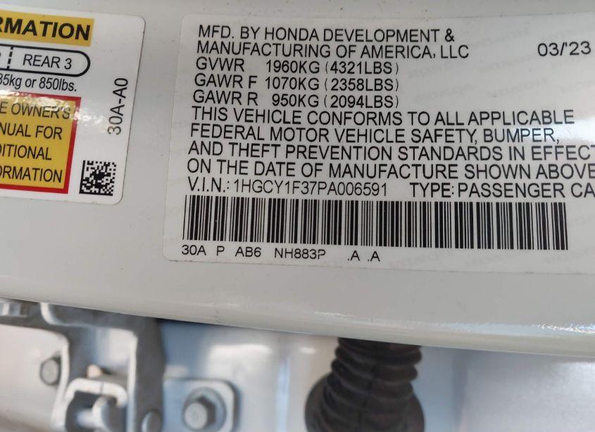 Photo 9 of 2023 Honda Accord EX (VIN 1HGCY1F37PA006591)