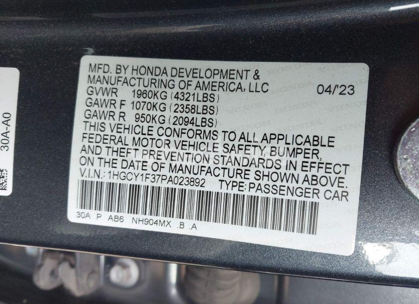 Photo 9 of 2023 Honda Accord EX (VIN 1HGCY1F37PA023892)