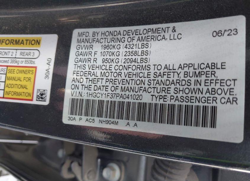 Photo 9 of 2023 Honda Accord EX (VIN 1HGCY1F37PA041020)