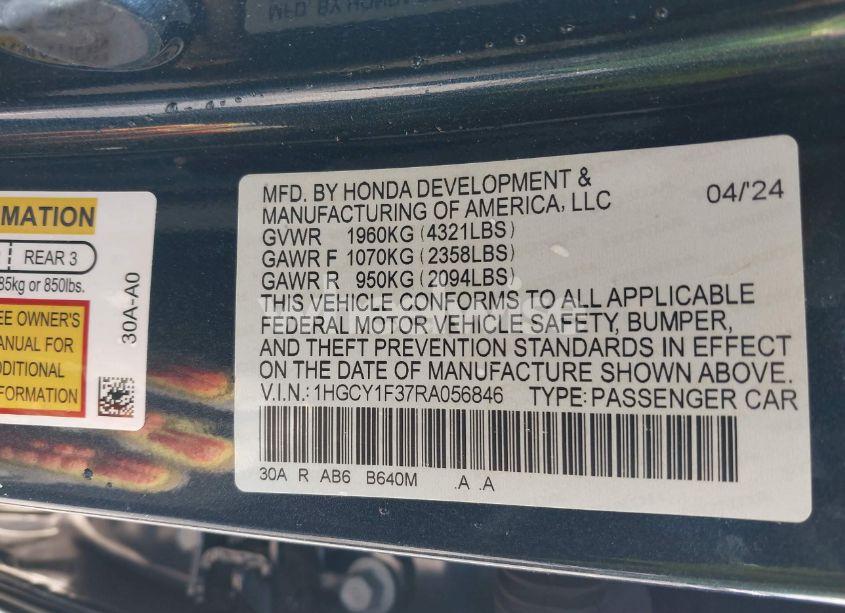 Photo 9 of 2024 Honda Accord EX (VIN 1HGCY1F37RA056846)