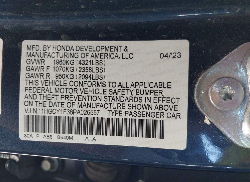Photo 9 of 2023 Honda Accord EX (VIN 1HGCY1F38PA026557)