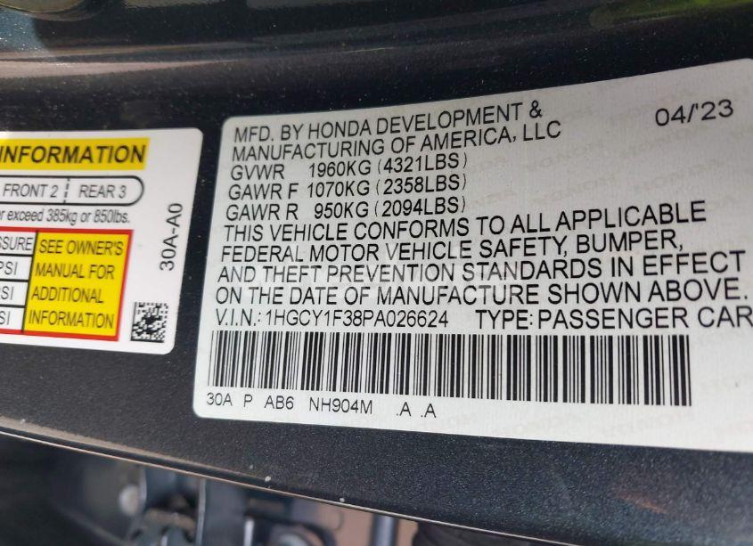 Photo 9 of 2023 Honda Accord EX (VIN 1HGCY1F38PA026624)