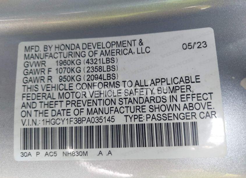 Photo 9 of 2023 Honda Accord EX (VIN 1HGCY1F38PA035145)