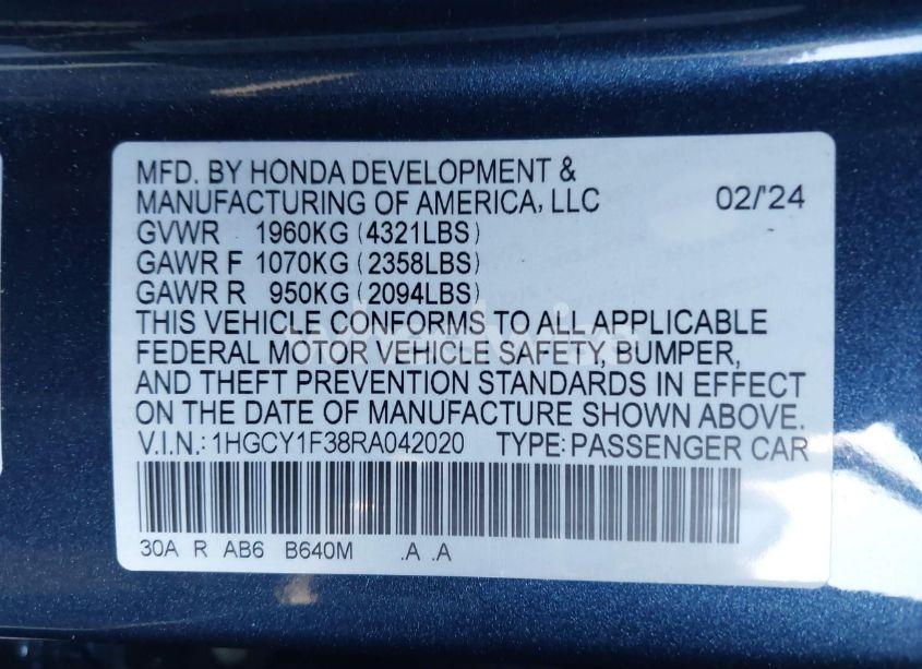 Photo 9 of 2024 Honda Accord EX (VIN 1HGCY1F38RA042020)
